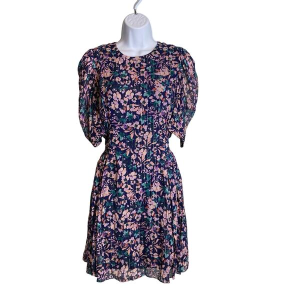 Shoshanna Women's Floral Metallic Puff Sleeve Ruffle Mini Dress Size 0 Fairy - Picture 1 of 12